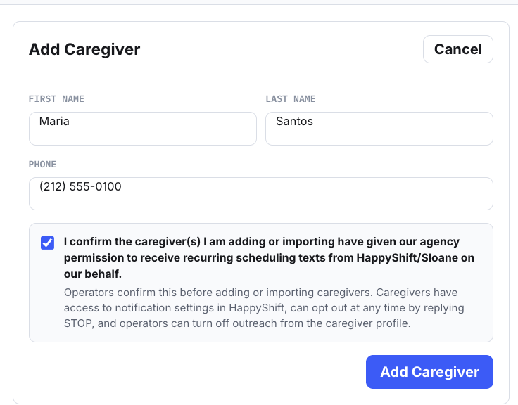 HappyShift Add Caregiver SMS consent acknowledgment screenshot