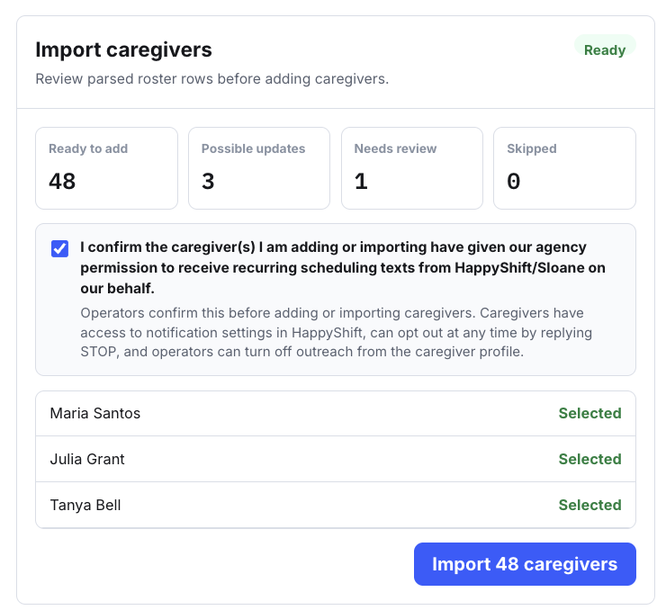 HappyShift caregiver bulk import SMS consent acknowledgment screenshot