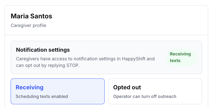HappyShift caregiver notification settings and operator outreach opt-out screenshot