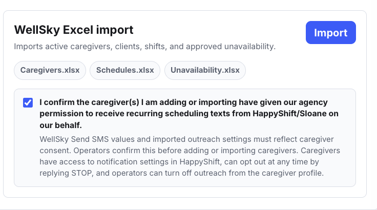 HappyShift WellSky import SMS consent acknowledgment screenshot